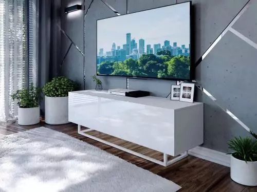 Kúpte si TV STOLÍK ELEGANTE 150 cm BIELY VYSOKÝ LESK + BIELY OCEĽOVÝ PODSTAVEC za skvelú cenu.