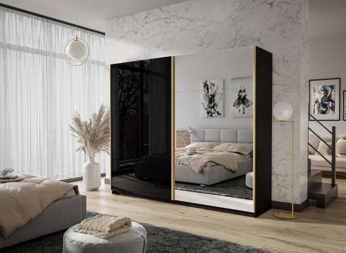 Kúpte si Šatníková skriňa s posuvnými dverami SANTINO čierny lesk + zrkadlá 194 cm za skvelú cenu.